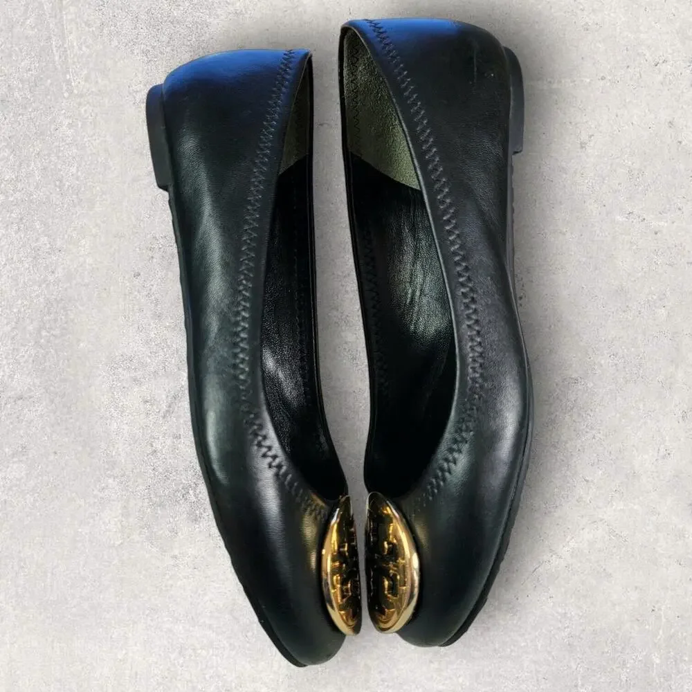 Tory Burch Womens Black Leather Ballet Flats Shoes 5.5 Slip On Gold Logo Travel